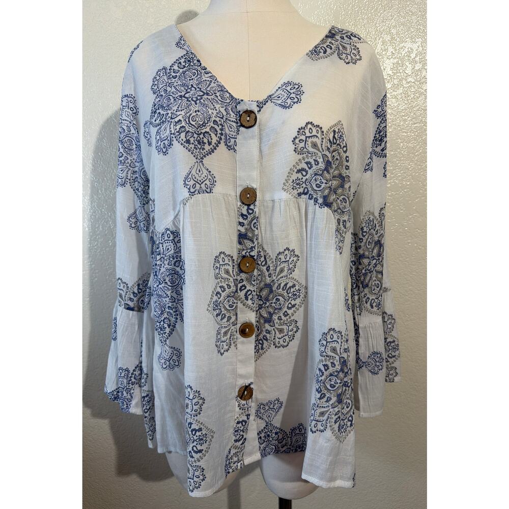 Women Boho Hippie Blouse 3/4 Bell Sleeves White Blue Sheer Button Down - XL